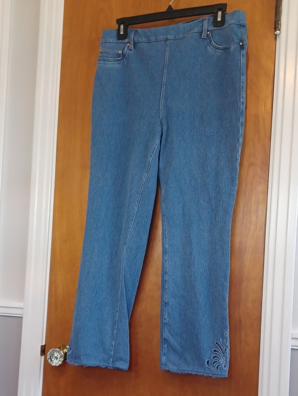 Lysse Pull On Jeans Sz.XL.  Embroidered Hem With Fringe.R.11.5". W.32".L.26.5".